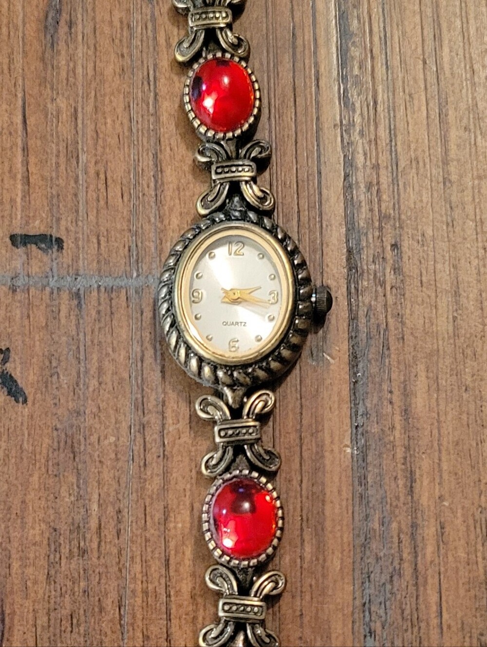 Women's Antiqued Gold & Red Cabachon Watch